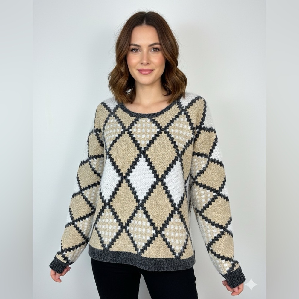 Solitaire Diamond Pattern Sweater‎ - Black, White, Tan